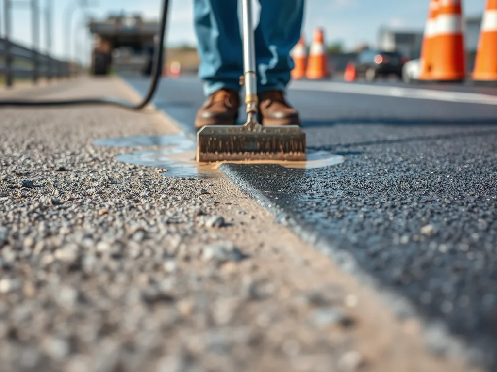 Person performing maintenance on asphalt surface, highlighting the differences in care between asphalt and concrete.