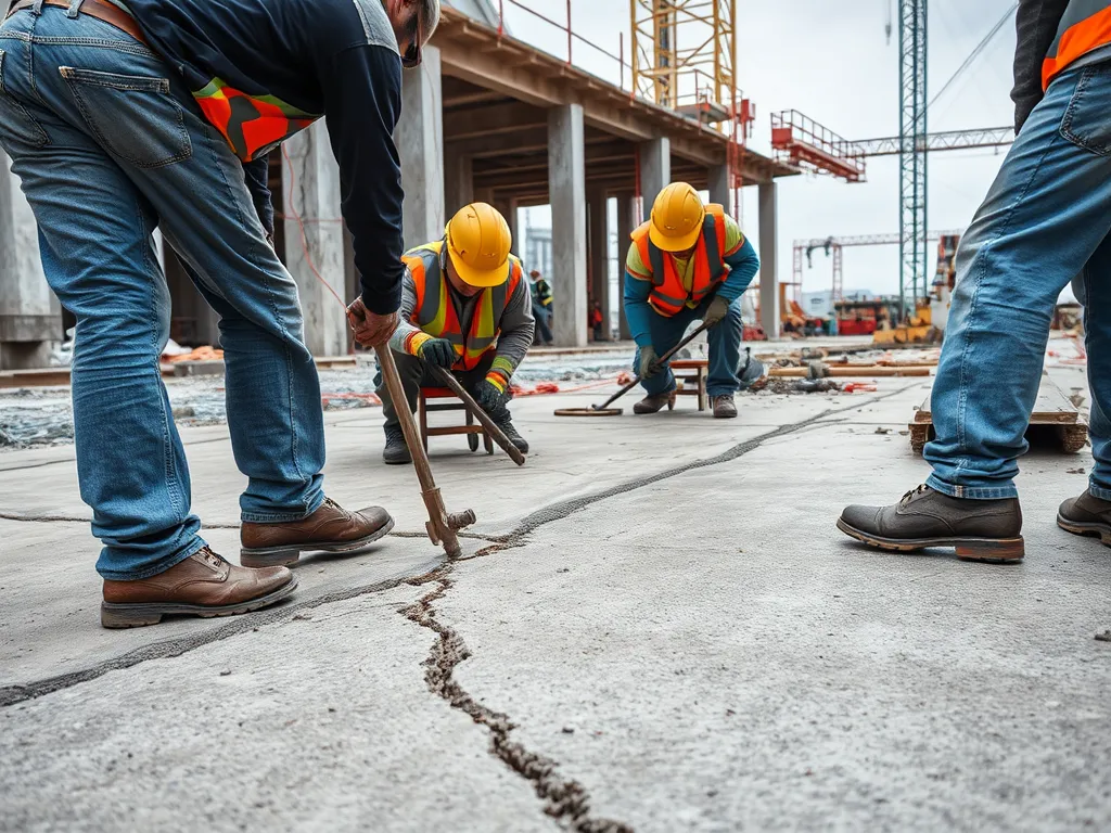 Workers assessing a cracked concrete surface in a paving project