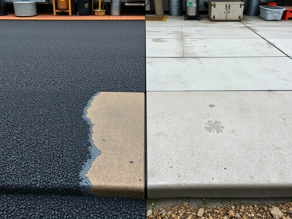 Close-up comparison of asphalt and concrete paving surfaces showcasing texture differences.
