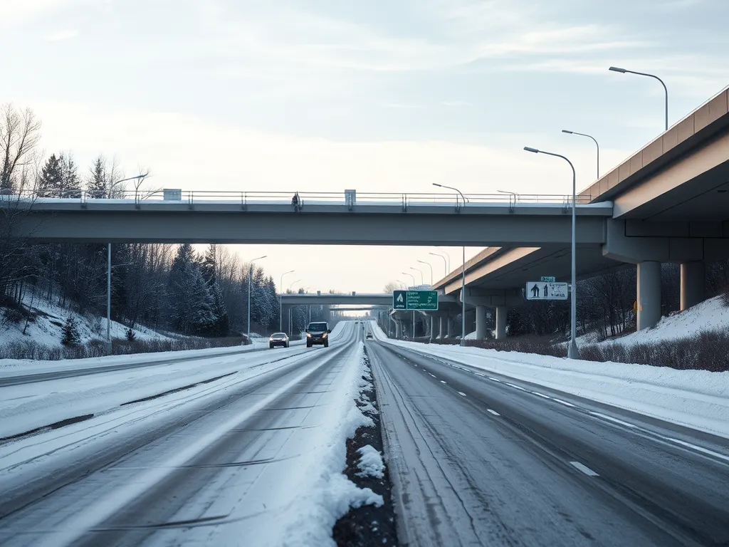 A winter road showcasing asphalt and concrete surfaces for long-term performance comparison.