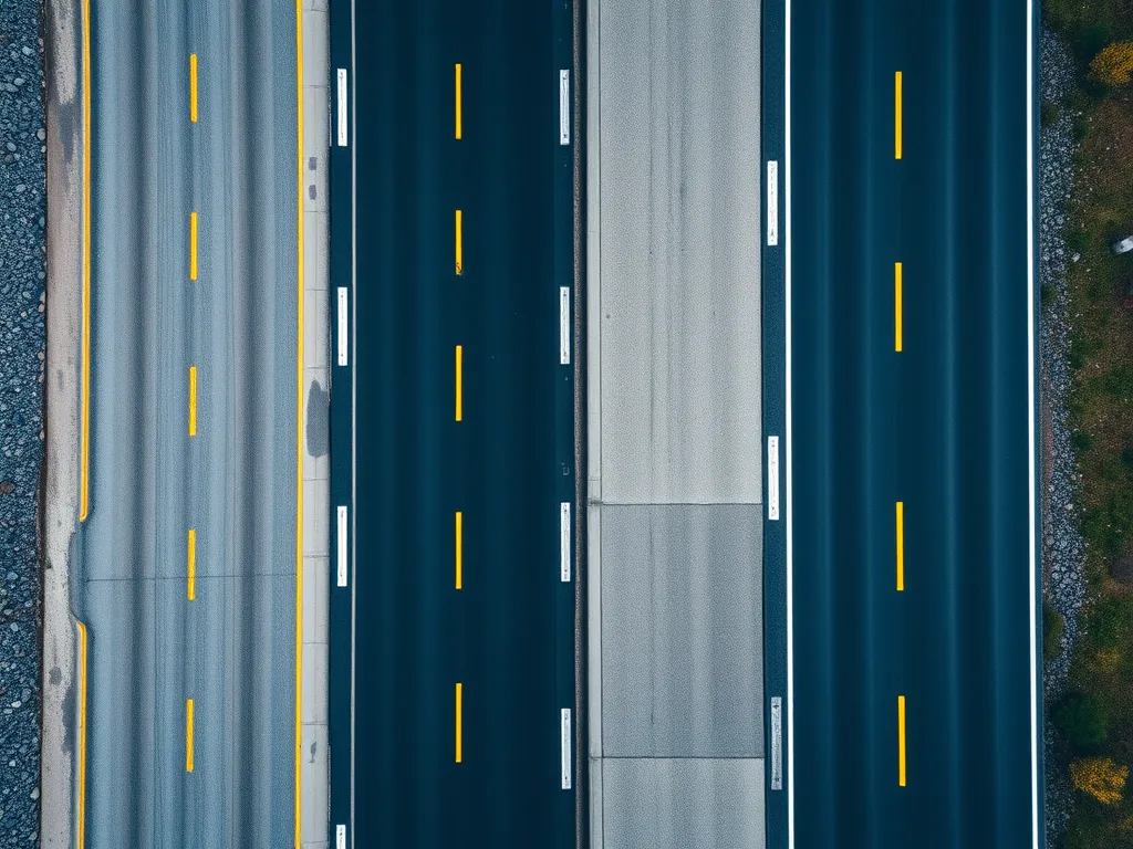 Aerial view comparing asphalt and concrete road surfaces for long-term performance.