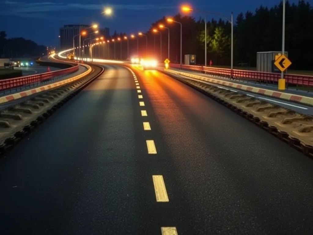 Illuminated asphalt road at night highlighting durability and smoothness in comparison to concrete.