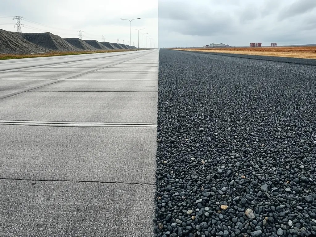 Comparison of asphalt and gravel surfaces, showcasing different materials used in paving.