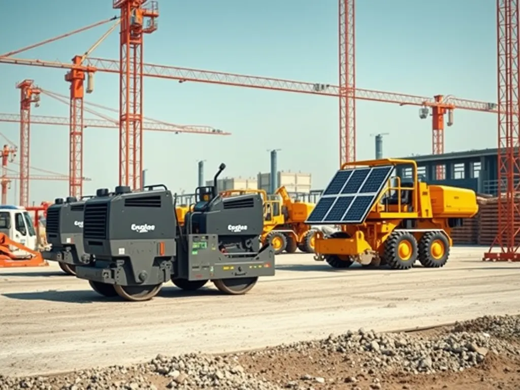 Heavy machinery and equipment used for asphalt walkway installation on a construction site.
