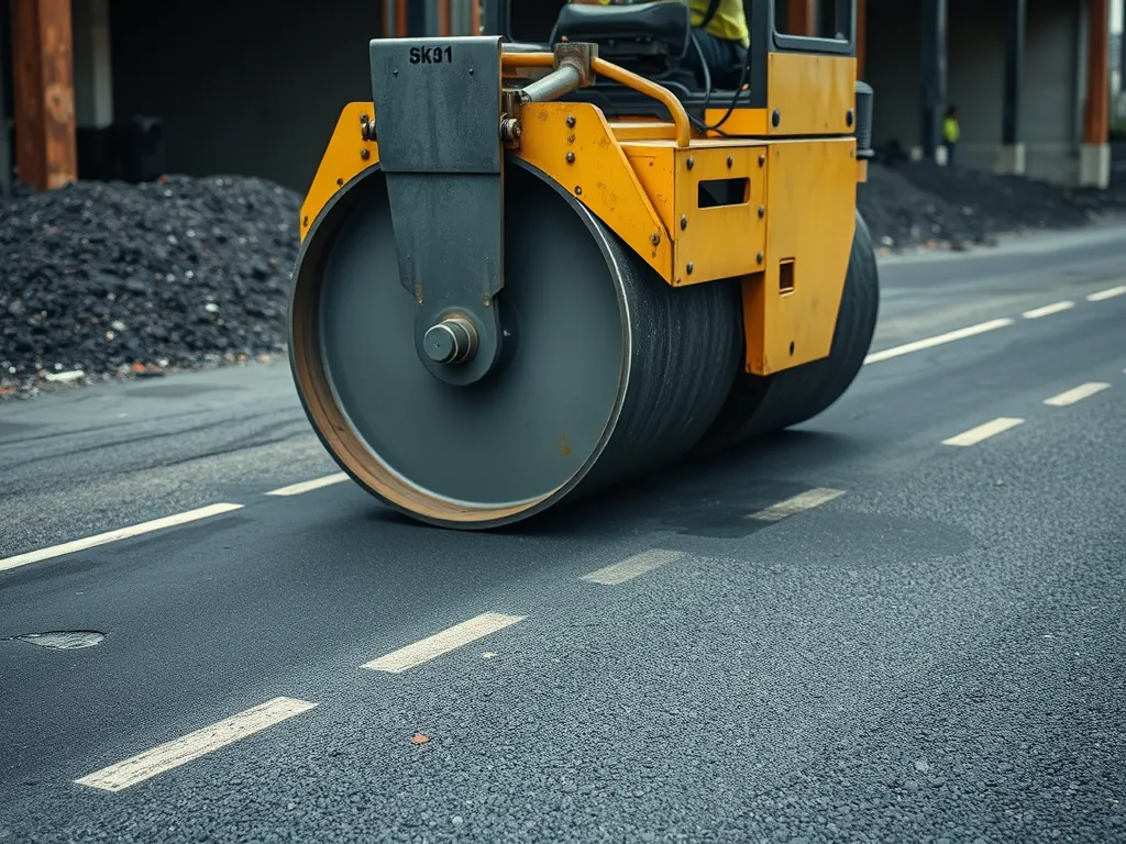 Heavy roller machinery used for installing asphalt walkways, demonstrating the installation process for durable surfaces.