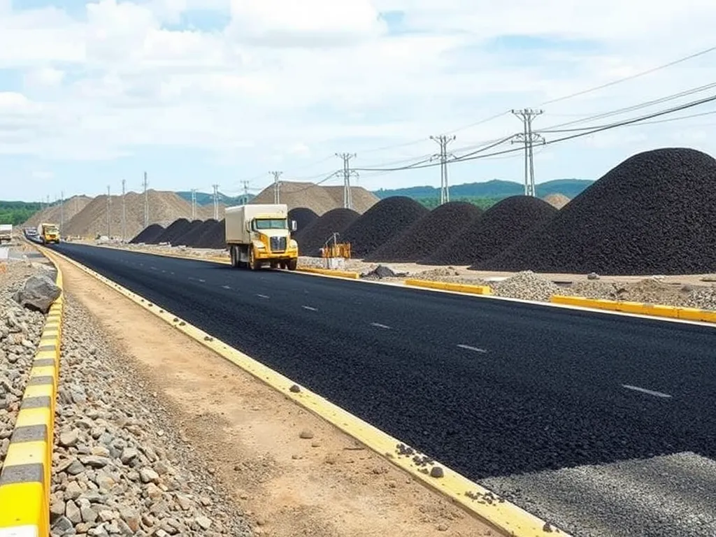 A scene of asphalt waste piles alongside a newly laid asphalt road, illustrating efficient asphalt waste management strategies.