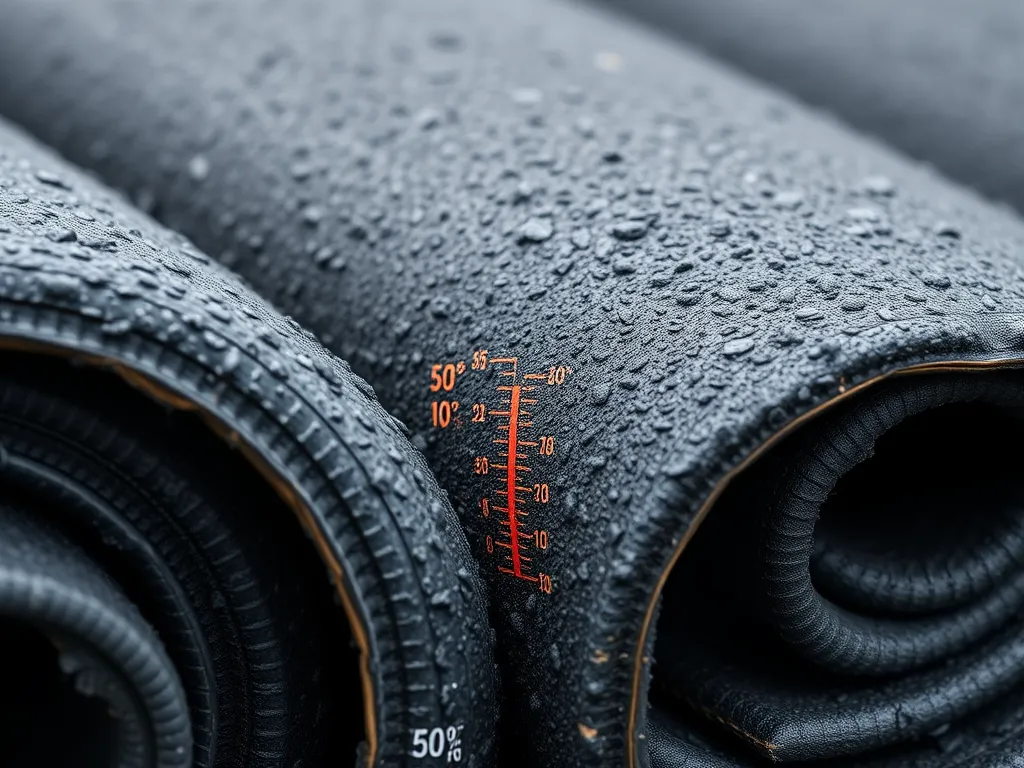 Close-up of asphalt roll with water droplets, illustrating waterproofing effectiveness.
