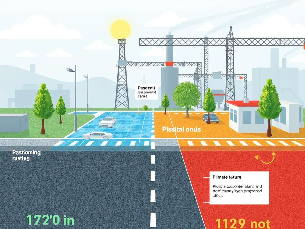 Illustration showing the impact of local weather on asphalt conditions, highlighting different areas affected by rain and sun.