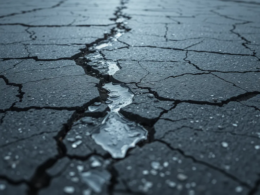 Cracked asphalt surface showing water accumulation, highlighting asphalt weather resistance issues.