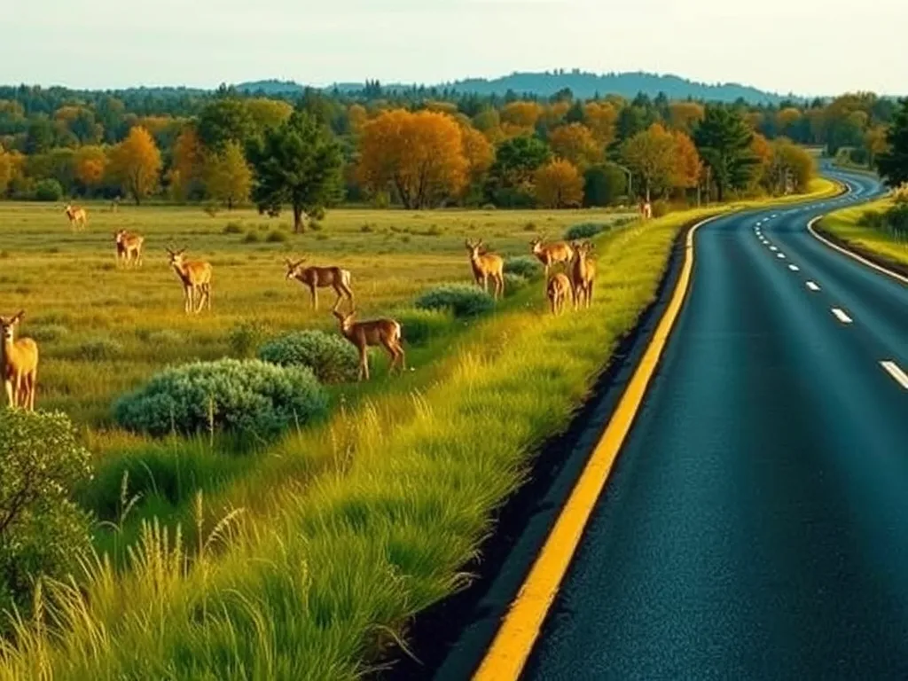 Deer grazing near asphalt road highlighting wildlife conservation efforts