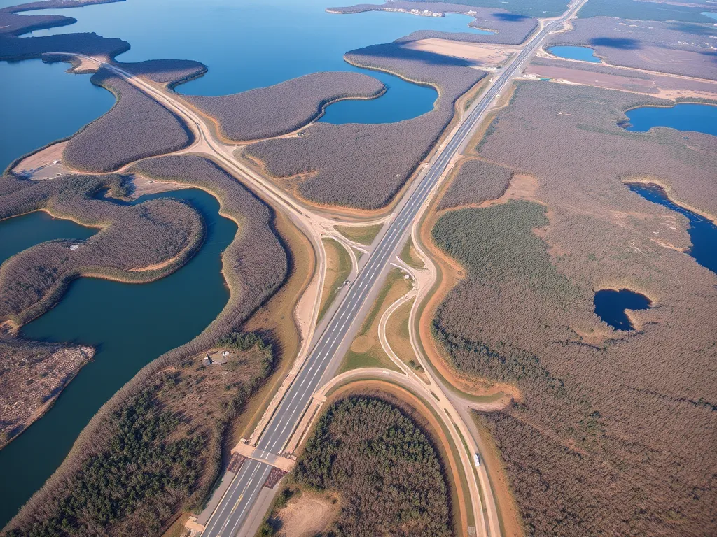Aerial view of asphalt roads intersecting with natural habitats, highlighting the balance between transportation and wildlife conservation.