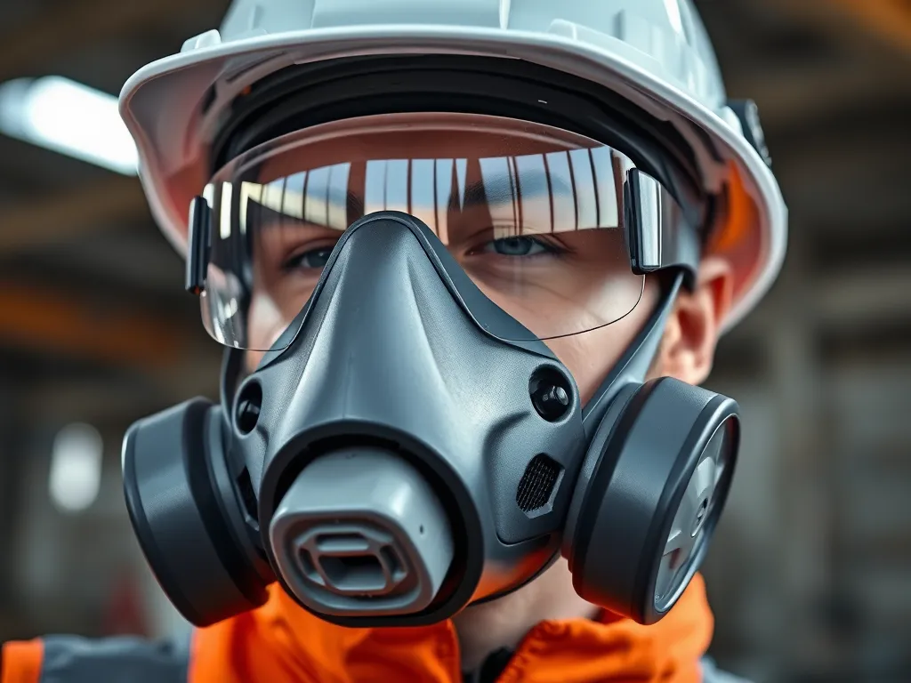 Worker wearing a hard hat and respirator for asphalt work