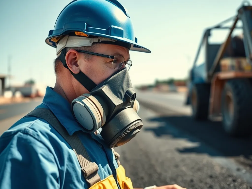Worker wearing hard hat and respirator for asphalt work safety