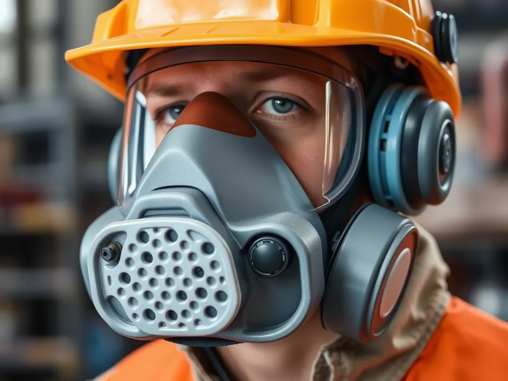 Worker wearing hard hat and respirator for asphalt work safety