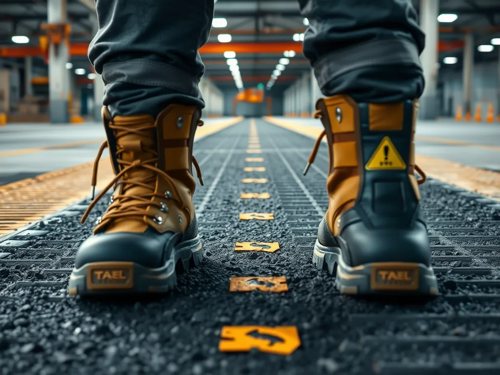 Person wearing safety boots on an asphalt surface, emphasizing key safety practices for asphalt work.