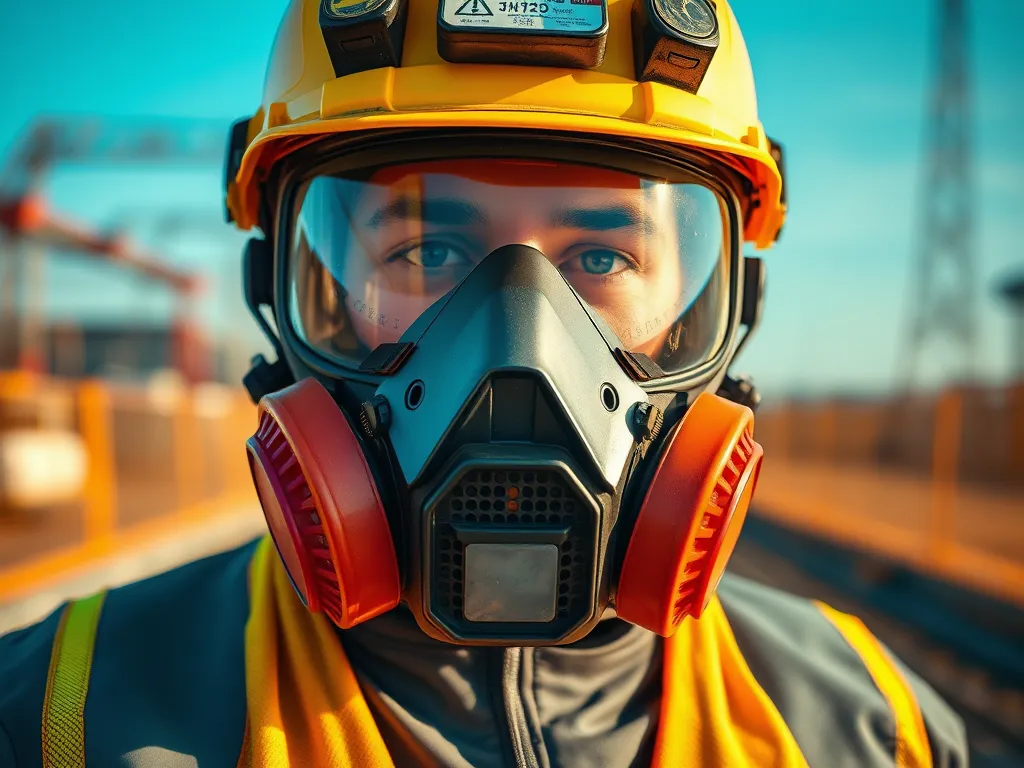 Construction worker wearing safety gear including a respirator and helmet while performing asphalt work