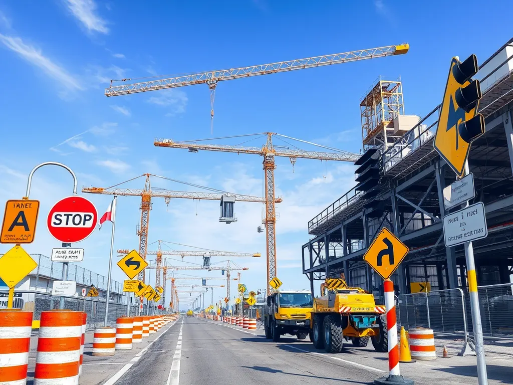 Construction site showcasing key safety practices for asphalt work with signs and equipment.