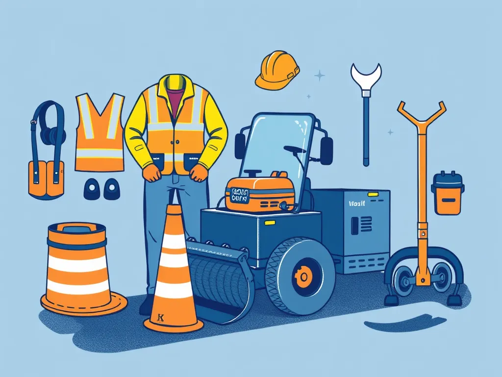 Safety equipment and tools used in asphalt work, highlighting key safety practices.