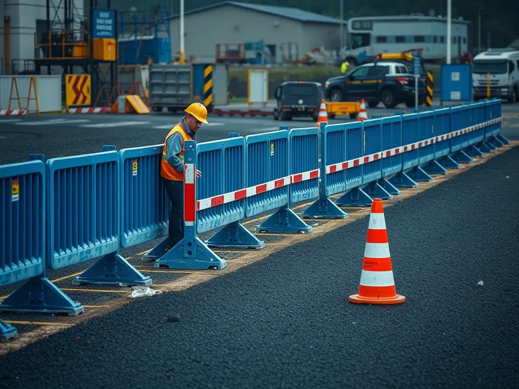 Construction worker setting up safety barriers for asphalt application