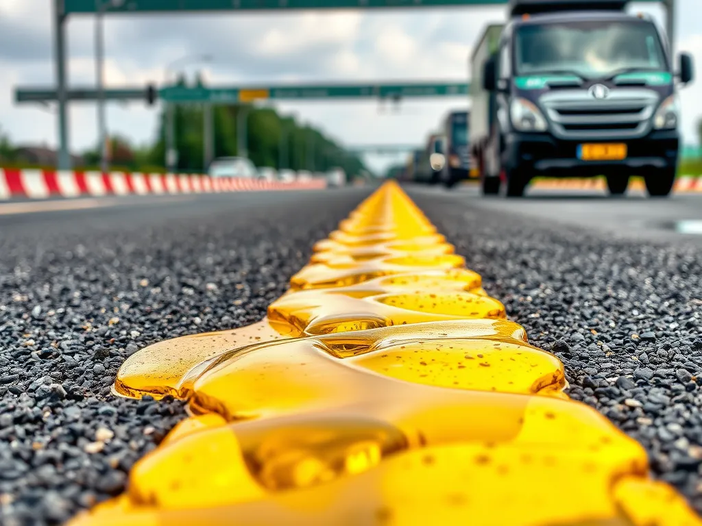 Close-up of asphalt binder showcasing its viscous texture on a roadway.