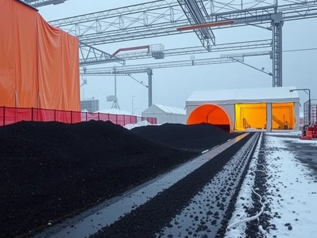 Asphalt cooling setup with piles of asphalt material, demonstrating best practices for asphalt cooling techniques.