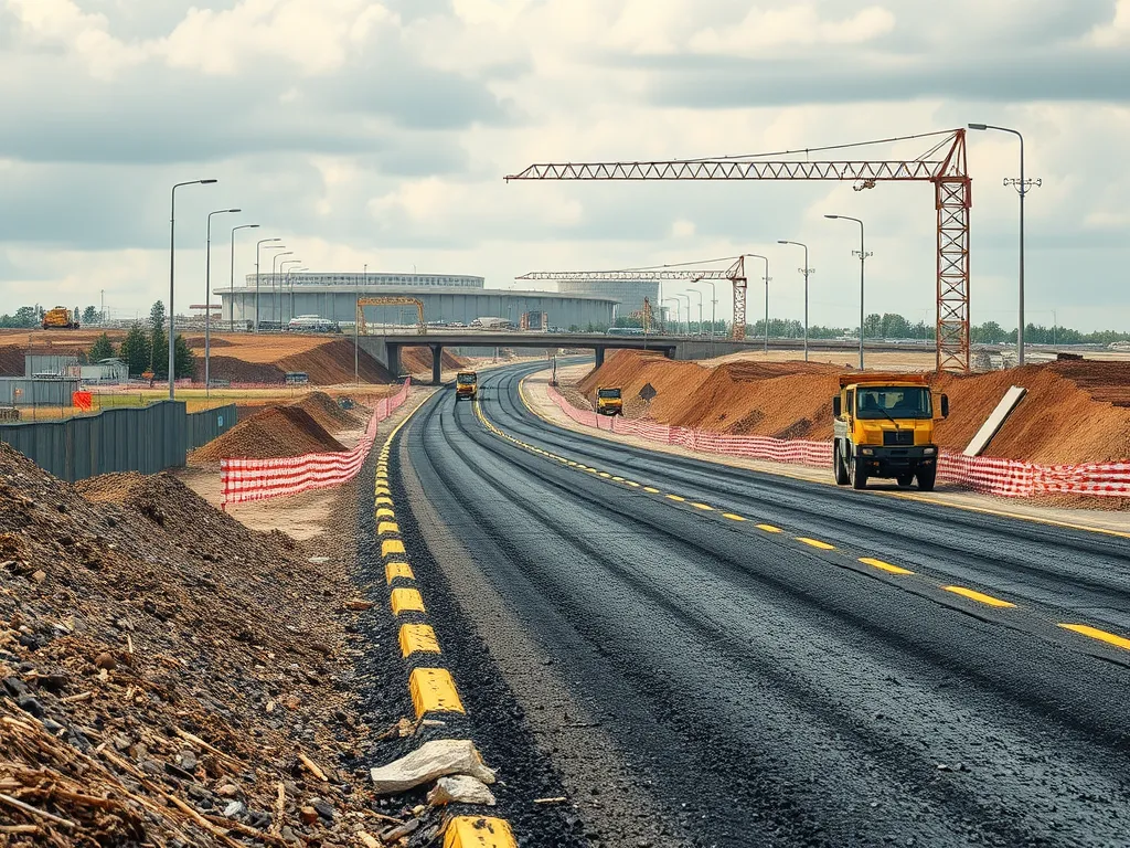 Construction site showing asphalt road, relevant to life cycle analysis of asphalt materials
