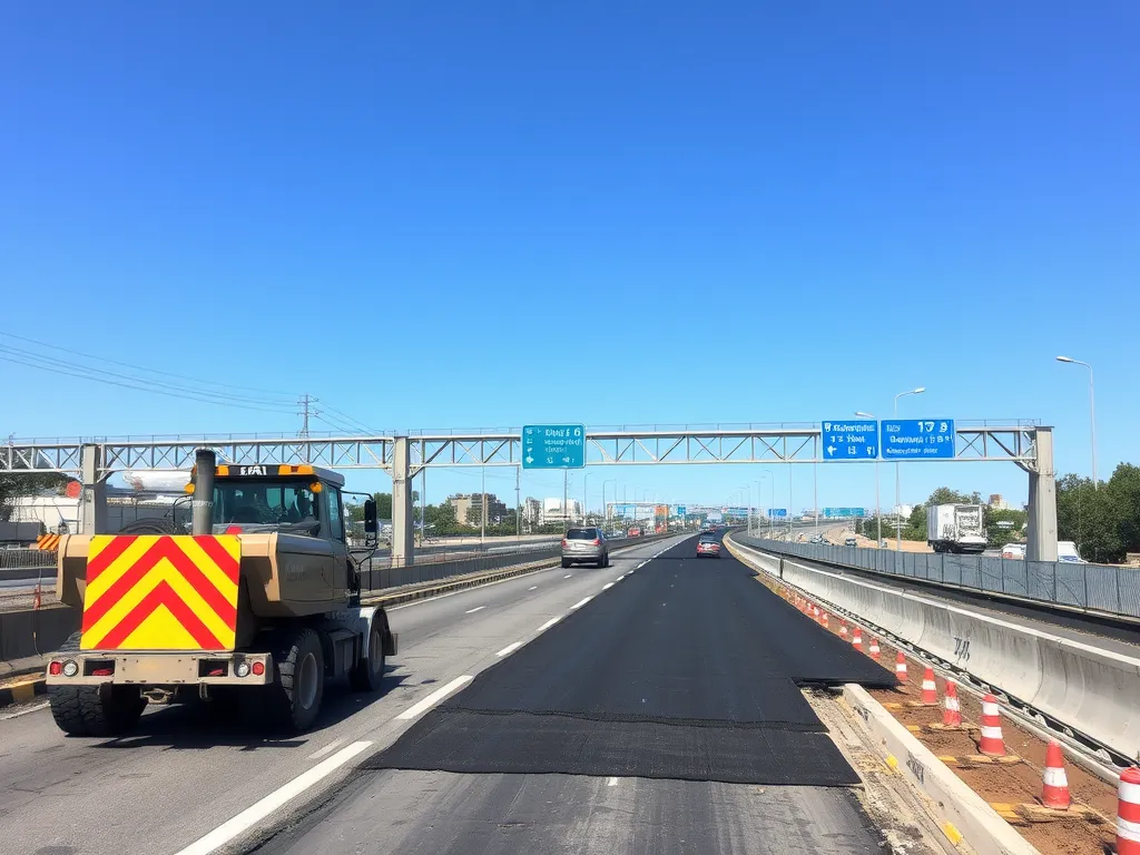 Construction vehicle laying asphalt on highway to illustrate estimating costs for asphalt projects.
