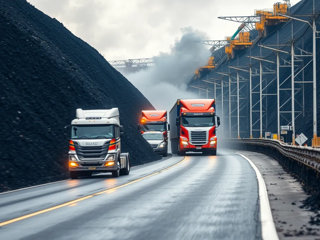 Trucks transporting materials essential for the asphalt supply chain, illustrating its economic effects.