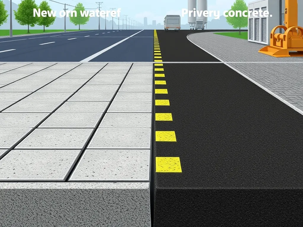 Comparison of asphalt and concrete installation processes highlighting differences in paving techniques.