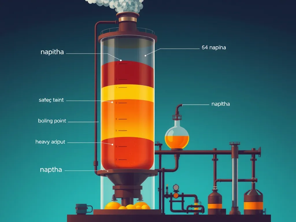 Diagram of an atmospheric distillation column showing different fractions like naphtha, heavy adcut, and boiling points.