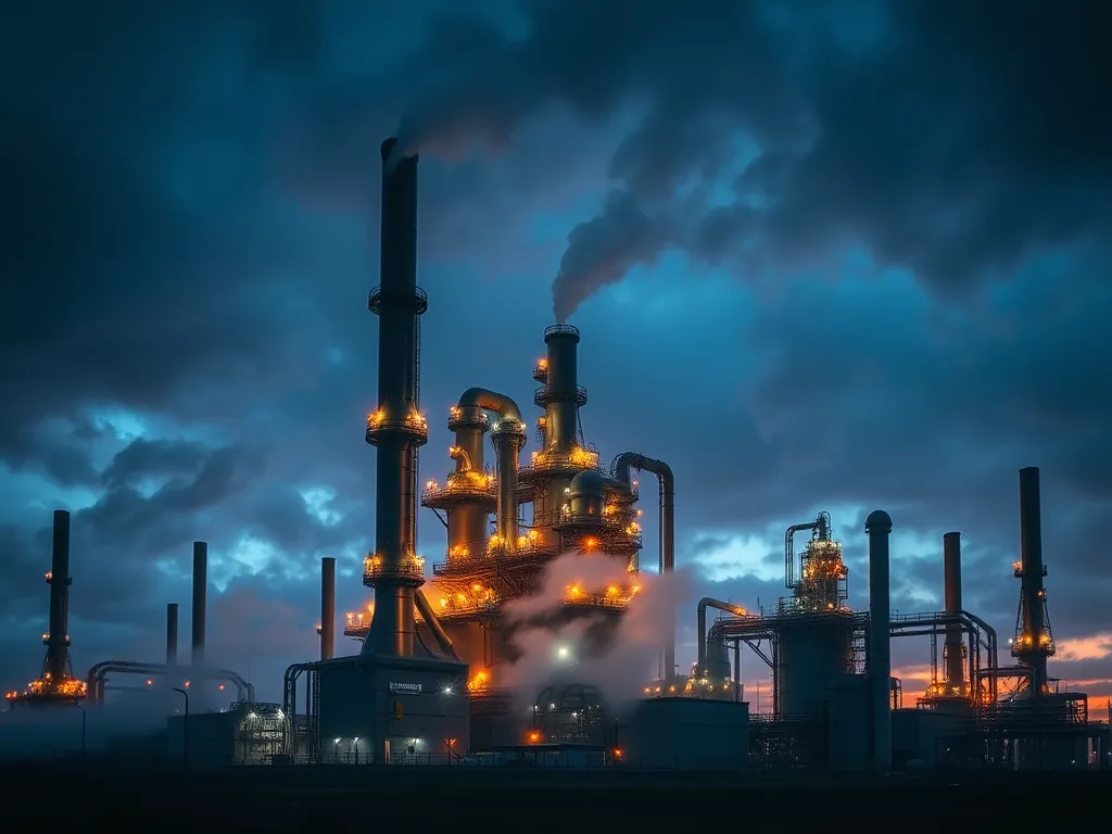 Industrial facility showcasing atmospheric distillation processes in an oil refinery at dusk