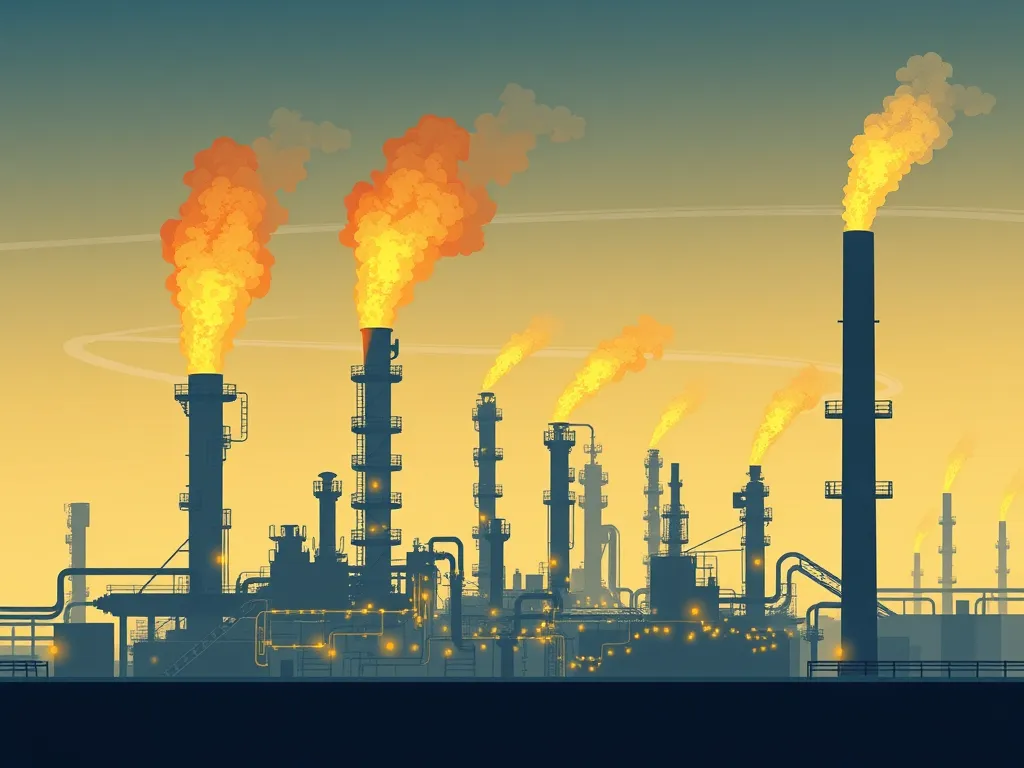 Illustration of an atmospheric distillation plant with smokestacks and flames, representing oil refining processes.