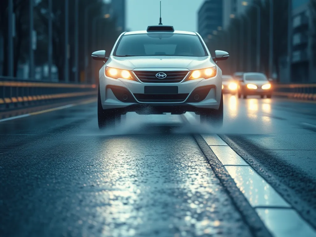 Autonomous vehicle driving on wet asphalt, showcasing the importance of pavement design for smart transportation.