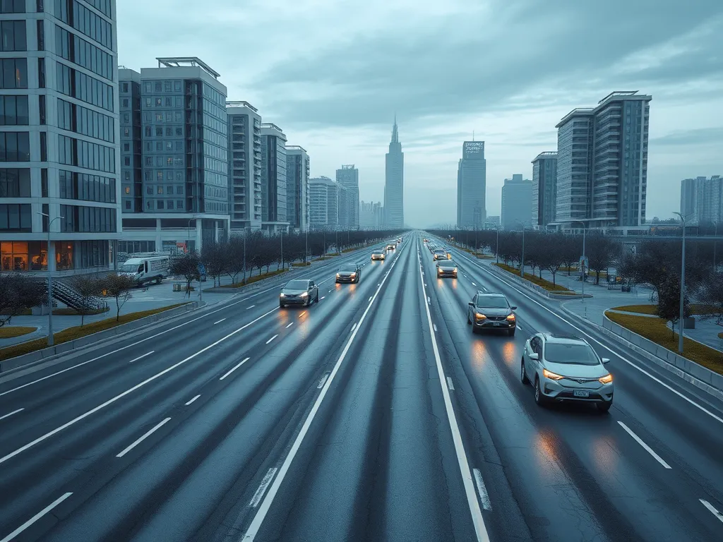 View of a city road showcasing autonomous vehicles, crucial for asphalt design considerations.