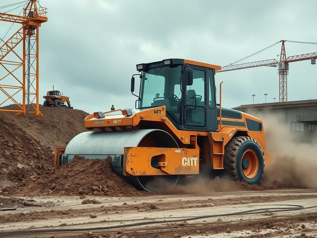 Heavy roller machinery compacting soil for proper base preparation.