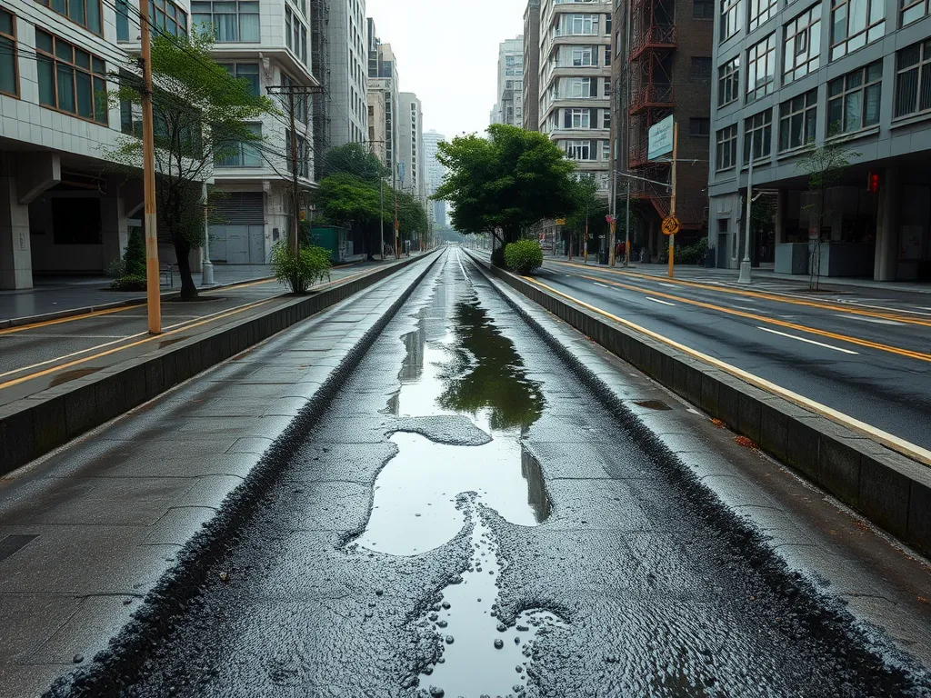 Urban street featuring asphalt paving with water puddles, showcasing the benefits of asphalt in urban planning.