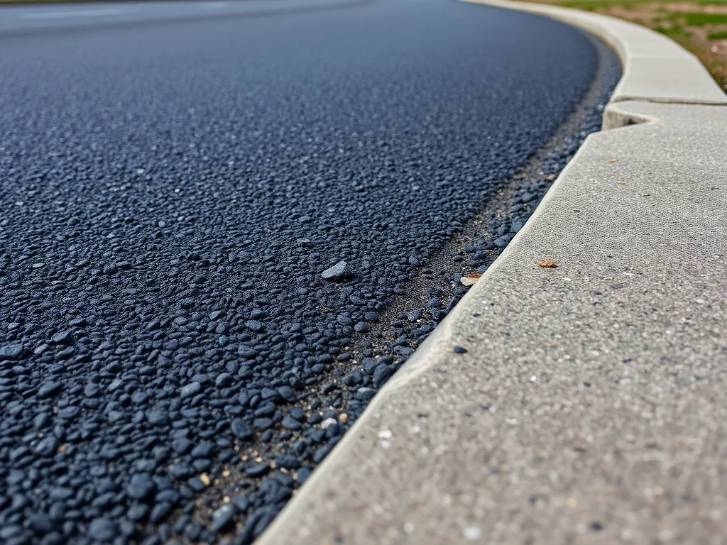 Close-up view of porous asphalt showcasing its texture and edge against a concrete curb.