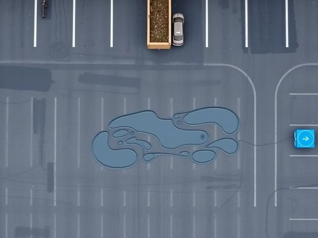 Aerial view of porous asphalt parking lot demonstrating water drainage capabilities