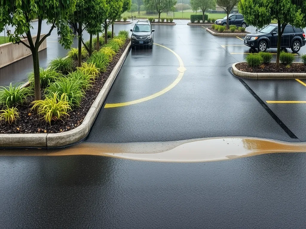 Demonstration of porous asphalt in a parking lot allowing water drainage