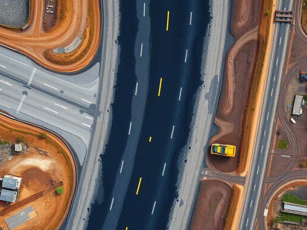 Aerial view of a construction site showing reclaimed asphalt being used for road paving.