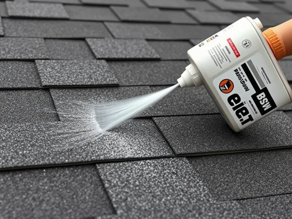 Close-up of a spray adhesive application on asphalt roofing shingles.
