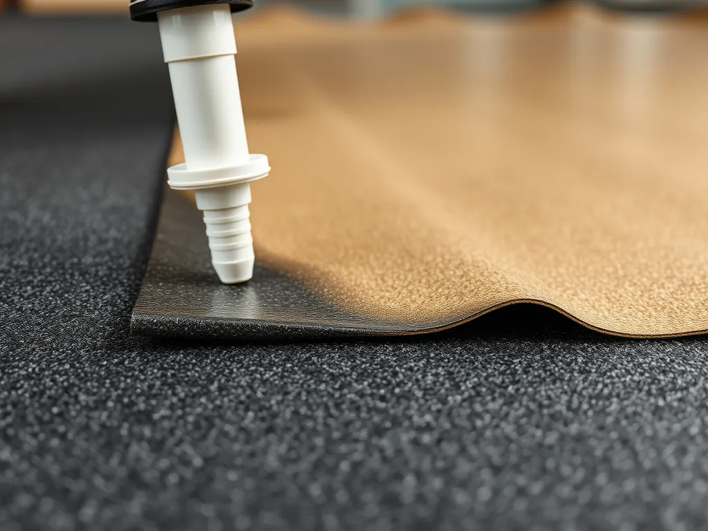 A close-up of an adhesive applicator being used on asphalt roofing material.