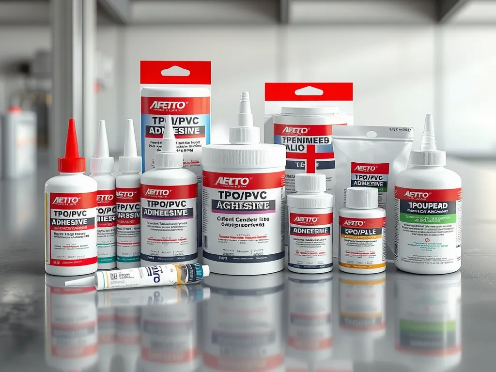 Various adhesives for asphalt roofing applications, including TPO and PVC options.