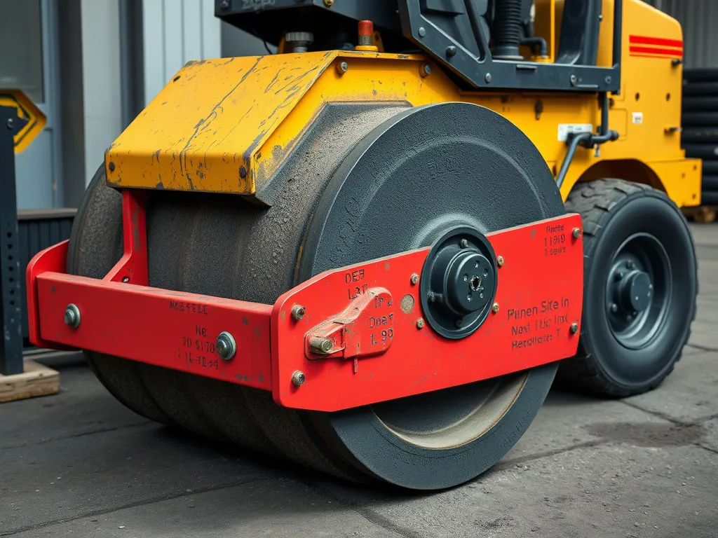 Close-up of an asphalt compactor wheel used for road construction and paving.