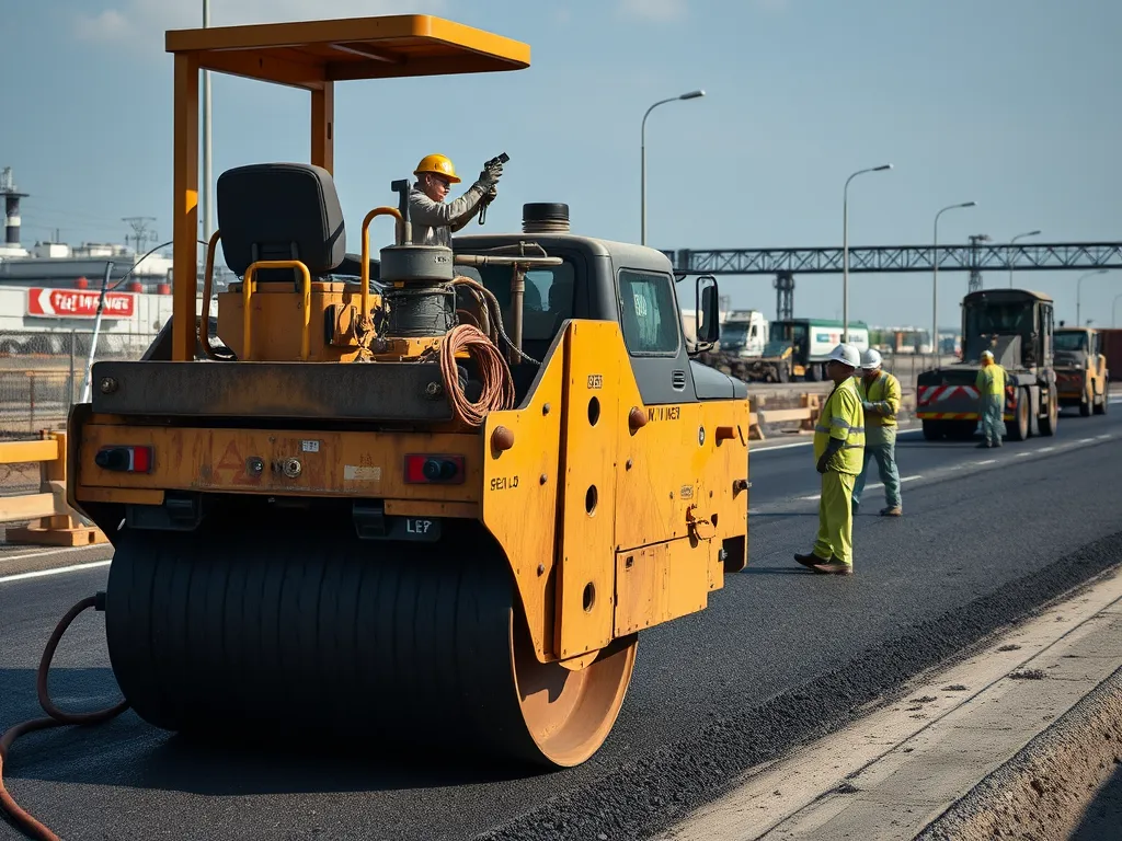 Heavy-duty asphalt compactor working on a road construction site.