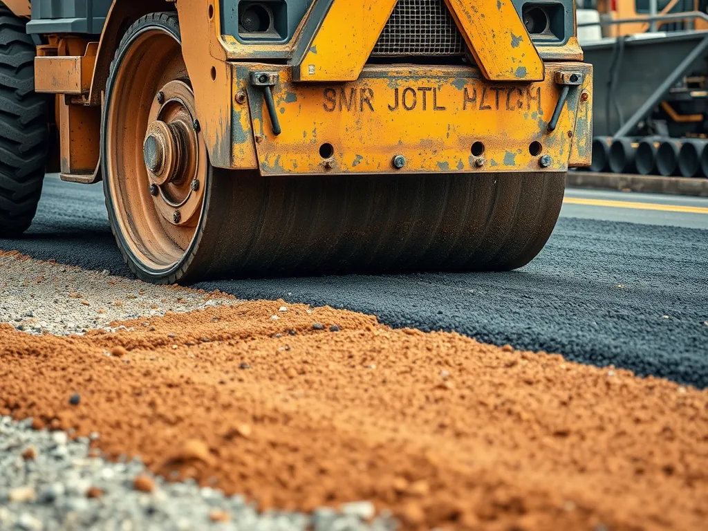 Close-up of an asphalt compactor rolling over freshly laid asphalt surface