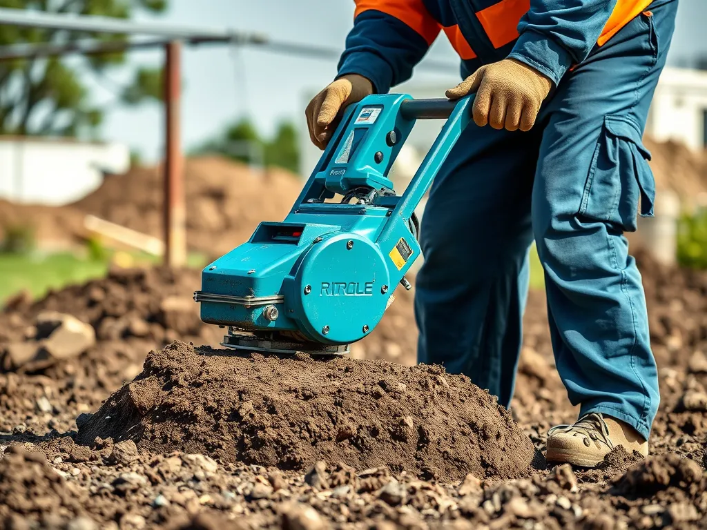 Worker Using a Vibratory Plate Compactor for Soil Compaction