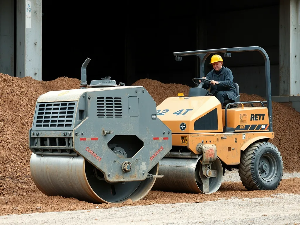 A construction worker operating a roller compactor on a graded surface for asphalt laying preparation.