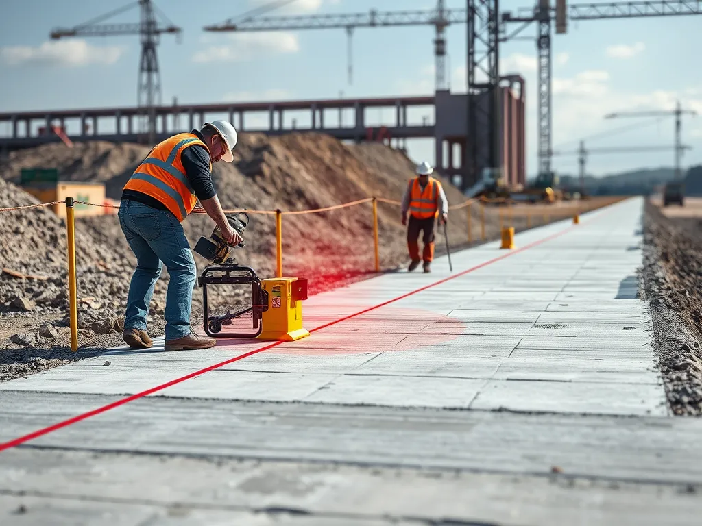 Workers implementing best practices for grading in preparation for asphalt laying using laser equipment.