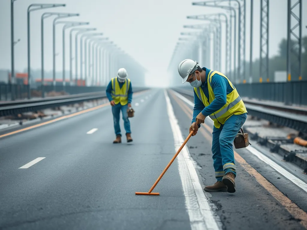 Workers in PPE checking asphalt quality while following safety protocols